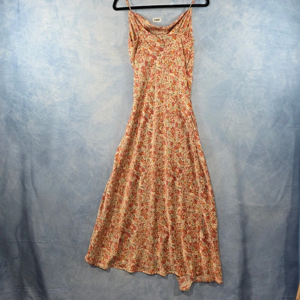 Dex Floral Cowl Neck Midi Slip Dress Pink Orange Small Asymmetrical Hem‎